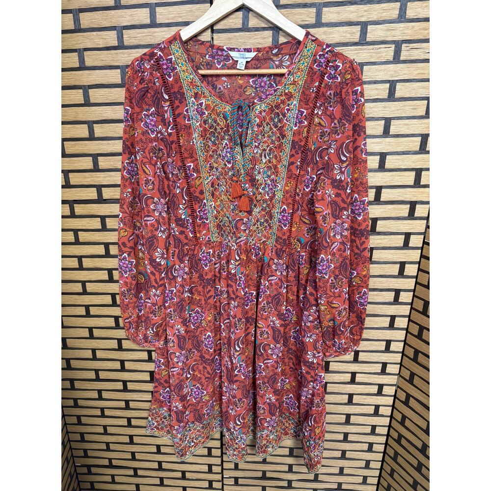 Time And Tru Orange Embroidered Boho Tie Neck Shift Dress Size Medium